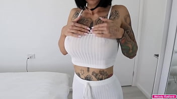 BIG TITS Petite Australian WIFE With a Tiny Waist Covered In Tattoos Wearing White Sweatpants gets Fucked Hard