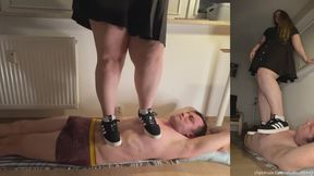 Trampling Slave in New Adidas Sneakers and Black Mini Dress