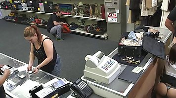 Latin stewardess is sucking a rock hard cock expecting to get a discount in a local shop