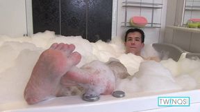 'Dirty blonde guy Xander gets his hairy ass&#x1F351; deep fingered and jizzes huge in foamy bath soap!'