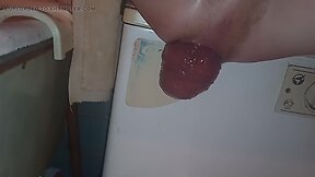 Squatting, pushing and squeezing out a giant anal prolapse in the bathtub unattended