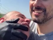 Surprising my boy with some spontaneous outdoor gloved breath control