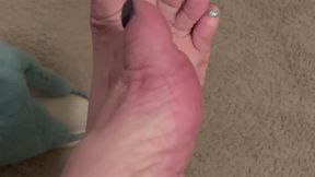 Wrinkled soles flex from blue fuzzy slippers, teasing your tongue in tight yoga pants, buy now and beg to worship daily?