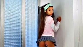 Watch this petite teen with small tits and a skinny frame finger her tight latina pussy solo