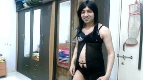 Sexy sissy crossdresser femboy Sweet Lollipop in hot black babydoll.