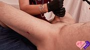 Wife gives HANDJOB in black latex gloves – handjob with condom