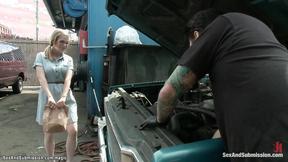 ”Huge cock mechanic fucks bound blonde”