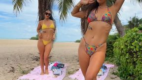 Bikini fitting and changing on the tropical beach