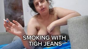 Smoking Tease in Tight Jeans – Topless on the Couch, Slow Inhales, Curvy Body and Attitude