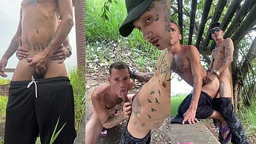 Sexo ao ar livre com dois malokas héteros amador