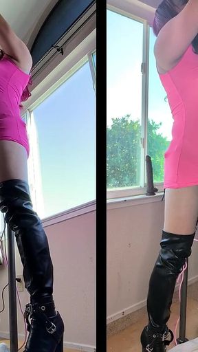 Sissy Locked in Chastity and in Bondage on Her Post with a Huge Dildo