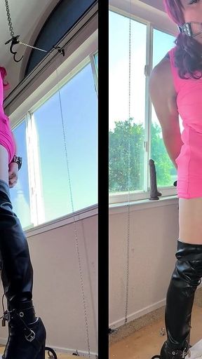 Sissy Locked in Chastity and in Bondage on Her Post with a Huge Dildo