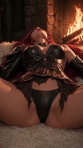 3d anime redhead masturbates by the fireplace, on sheepskin   Clip 1