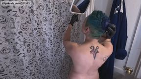 Adding Blue Ombre to Teal Hair Dye - Blue Hair Part 4 GLIMMER doing hair color with gloves, shower, bright colors, casual topless