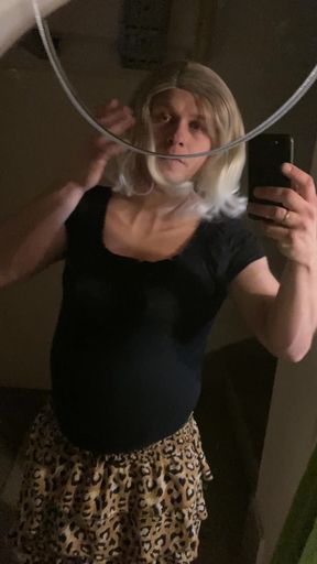 Blonde sissy Cd looks in mirror and satisfy