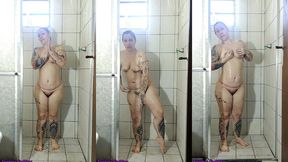 curious goddess - taking a shower, showing the so-les of her feet, her small breasts, her hairy pussy and big ass