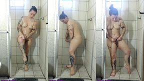 curious goddess - taking a shower, showing the so-les of her feet, her small breasts, her hairy pussy and big ass