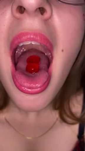 Open mouth gummy swallowing. Underwear