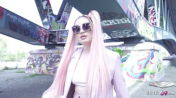 Pink hair teen with saggy tits Maria Gail at rough anal sex casting