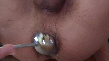 Powerful anal masturbation of a male cunt with male squirt. Hands-free cum
