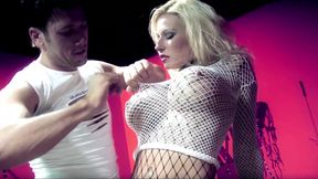 Pervert rips fishnet tights of blonde with huge tits to lick her