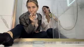 Getting wet and smoking together in the shower! Kiss!