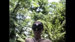 Hot Busty Amateur Masked MILF Masturbates Her Hairy Pussy with a Dildo in the Woods