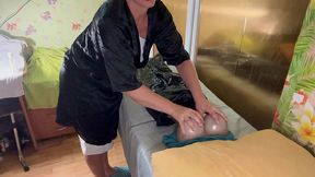 the massager give handjob to the erected tranny patient and laugh on him