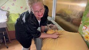 the massager give handjob to the erected tranny patient and laugh on him