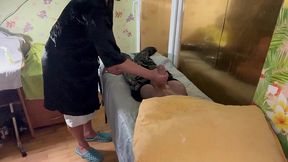 the massager give handjob to the erected tranny patient and laugh on him