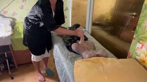 the massager give handjob to the erected tranny patient and laugh on him