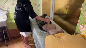 the massager give handjob to the erected tranny patient and laugh on him