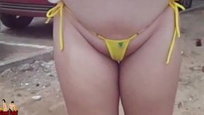naughty wife goes to the beach with a micro bikini. she teases her cuckold!