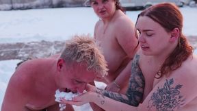 Swingers. Two Married Couples Play in the Snow Naked. the Women Pee in the Snow and the Men Lick It off.