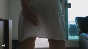 Beach trip, gathering shells, flashing pussy and laying out in see through bikini on the balcony while lots of people walk by.
