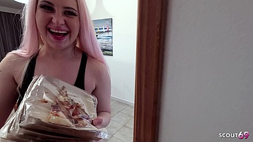 German Pizza Delivery Guy suprised by crazy Teen and fuck her Asshole without condom in POV before cum on her Pizza