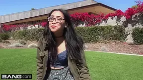 Nerdy teen 18+ asian Eva Yi flashes her tits in public