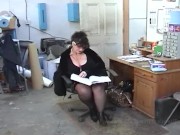 Busty Kim sucks off two workers