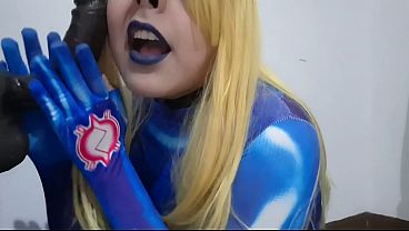 Cute Trans Samus with BDSM Nosehook giving a Sloppy Blowjob to BBC Dildo, Deepthroat, Facial Fuck and Eating Semen