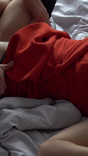 Hot Brunette Get Big Cum on Her Red Dress and Pussy, Sex in Hotel