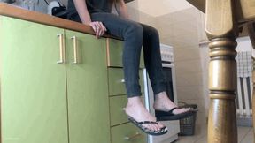 TWO GIRLS FLIP FLOPS DANGLING ON A KITCHEN COUNTER (LONG) - MP4 HD