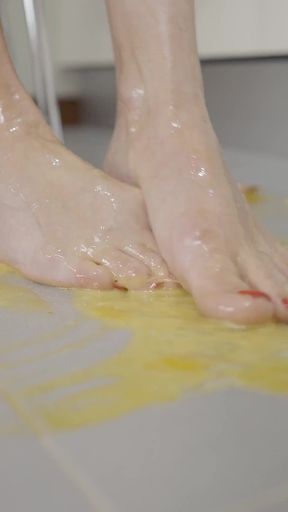 Bored Blonde MILF Tramples Eggs with Hot Feet - Foot Fetish Crush!