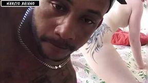 Riding his shaft while licking her clit