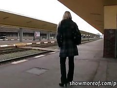 Busty blonde babe takes money and creampied in a train toilet