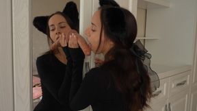 Catgirl Sucks Dildo on the Mirror