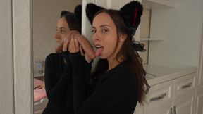 Catgirl Sucks Dildo on the Mirror