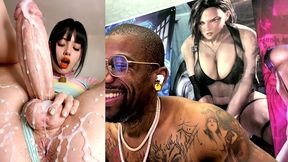 cute transgender girl with a huge girl cock cumming all over the place, ai generated