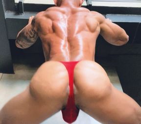 Asian muscle hunk, Joey Rhyder workout in sexy red thong underwear.