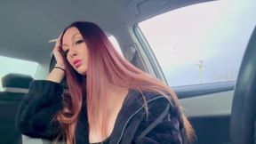 Italian Long Hair Big Tits MILF Cigarette Smoking in the Car Showing Her Nipple