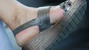 Wrinkles feet and dirty ruined sandals fetish, foot fetish details admiration close-up.